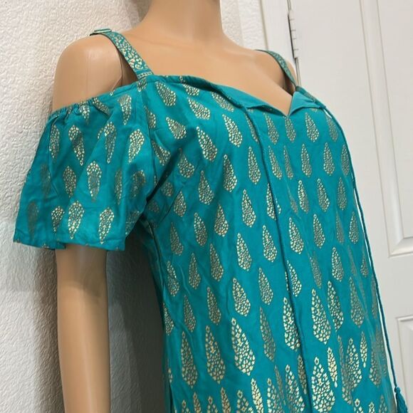 Lapoge Woman’s Dress Open Shoulder Teal And Gold Pattern Dress Size Medium Mini - Picture 4 of 11